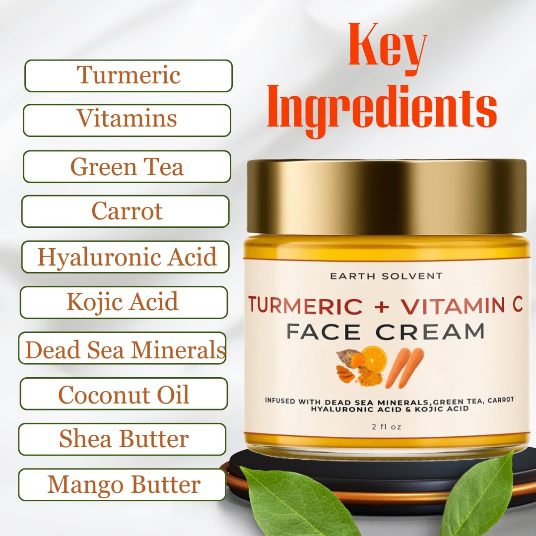 Vitamin C & Turmeric Face Exfoliating Clears Blackheads Improve Dark Spot Acne Dead Sea Minerals Green Tea Carrot Hyaluronic Acid + Kojic Acid (6 oz, Turmeric Face Cream and Bar Soap)