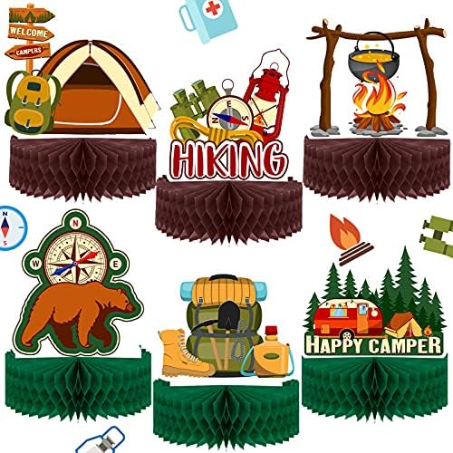 6 Pieces Happy Camping Honeycomb Centerpieces Camping Adventure Bears Sign Camping Theme Cakes Balls Table Toppers for Kids Birthday Photo Props Ideas 3D Table Decorations, 7.5 x 8.6 Inch