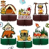 Sumind 6 Pieces Happy Camper Honeycomb Centerpieces Camping Party Decoration Campfire Adventure Bears Sign Camping Cakes Topper for Birthday Shower Campfire Adventure Club Anniversary Party Supplies