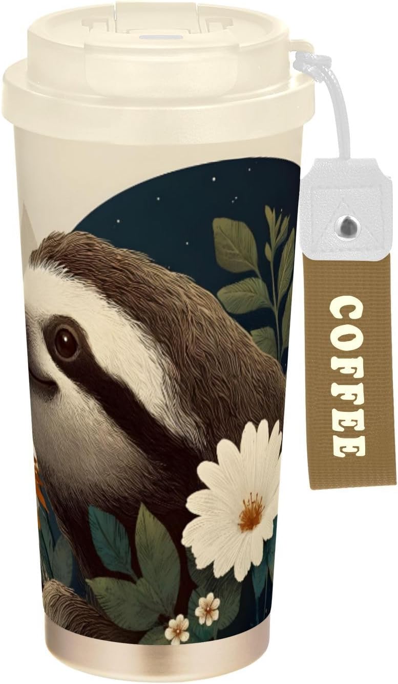 Sloth Art Floral Insulated Coffee Mug with Straw & Flip Lid, 16.9oz Iced Tumbler Cup, Double Wall Vacuum Mug for Travel Office