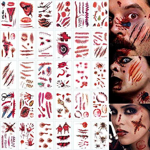 Halloween Scar Temporary Tattoos, Realistic Fake Face Scar Blood Wounds Zombie Vampire Bite Spider Stitches Bloody Tattoo Sticker for Adults Kids Bulk, 3D Waterproof Halloween Theme Makeup Prank Props