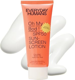 EVERYDAY HUMANS Oh My Bod! | SPF 50 Ultra Light Face & Body Sunscreen Lotion, 3.4oz | Doesn’t Sting Eyes | Sport Sunblock for Face & Body | Sweat Water Resistant 80 Min | Oxybenzone & Octinoxate Free, Travel Sunscreen, SPF50, 3.4 oz