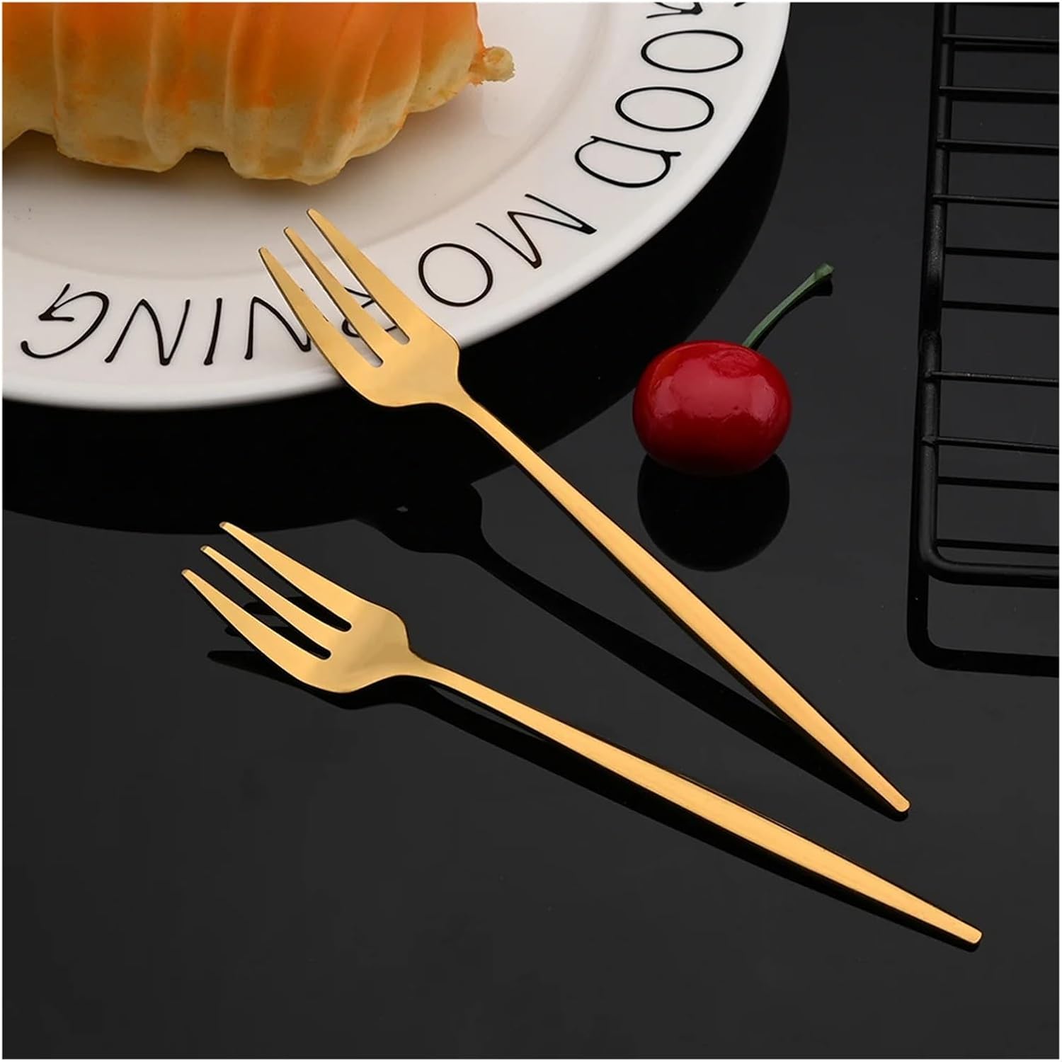 6Pcs Stainless Steel Tea Forks Mirror Black Gold Cake Fork Snack Salad Coffee Fruit Fork Mirror Cutlery Kitchen Tableware Set(White Gold)