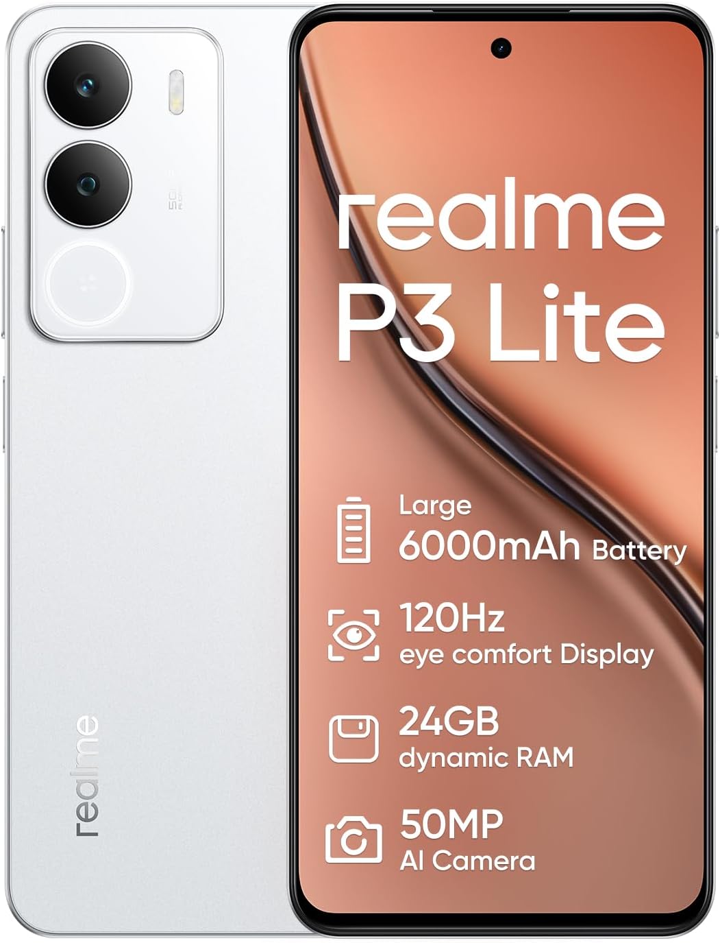 realme P3 Lite Smartphone 8+256GB,Batteria 6000mAh,schermo de confort oculaire 120Hz,50MP AI Camara,Supporto per scheda SD,Bianco