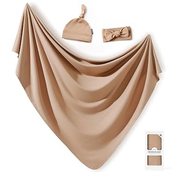 GRSSDER Newborn Swaddle Blankets, Ultra Soft Jersey Receiving Blanket with Matching Headband and Beanie Set, Stretchy Baby Blanket 4747", Neutral Swaddle Wrap for Girls and Boys