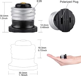 Polarized Handy Plug, Standard E26 Base Light Bulb to 2 Prong Outlet Plug Converter, E26 to Polarized Outlet Socket Adapter,Black(2-Pack)