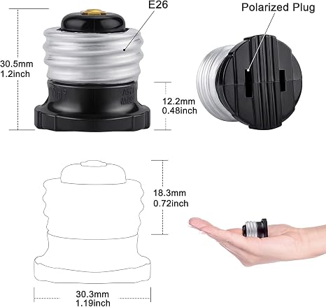 Polarized Handy Plug, Standard E26 Base Light Bulb to 2 Prong Outlet Plug Converter, E26 to Polarized Outlet Socket Adapter,Black(2-Pack)