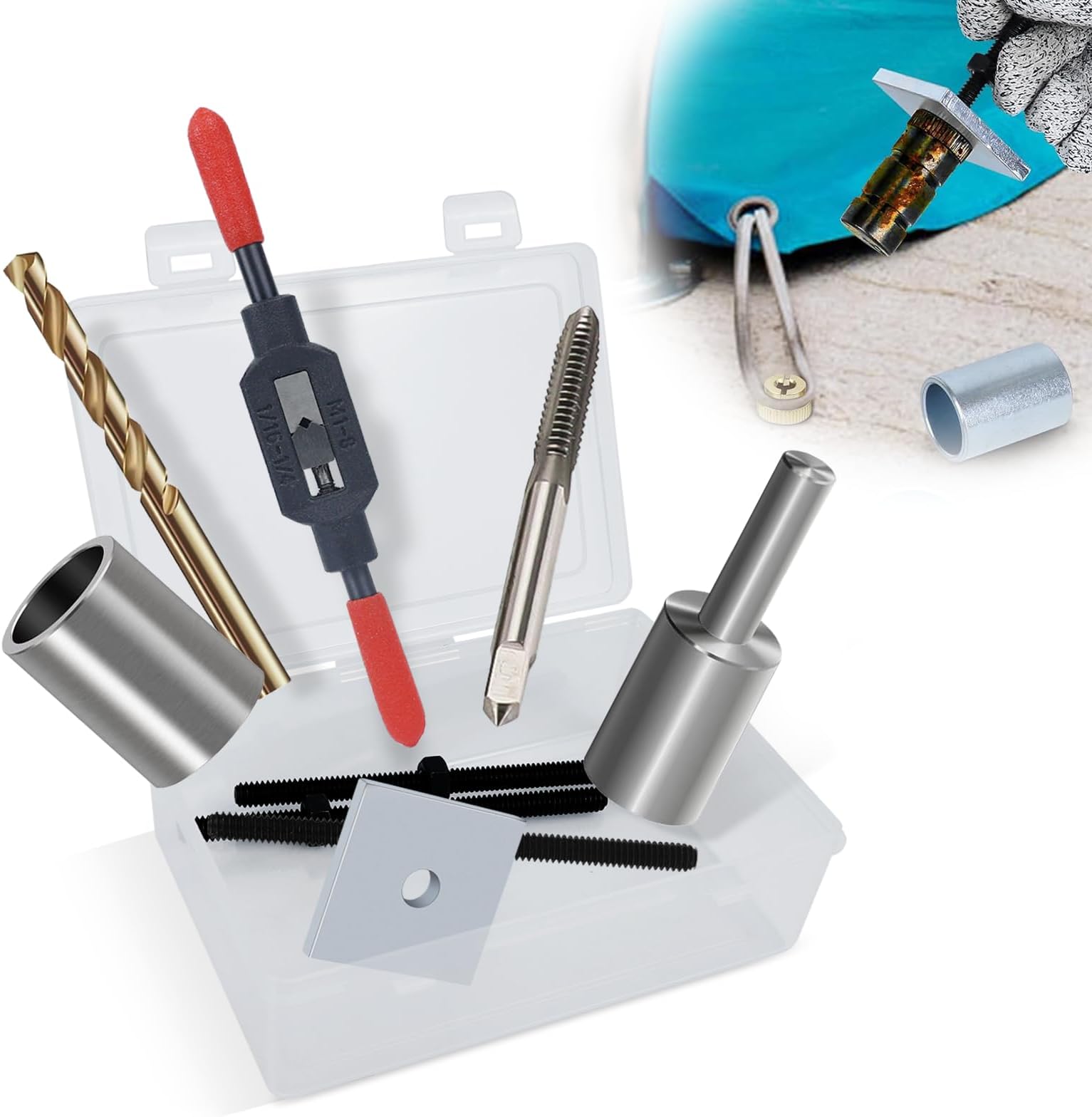 10-Piece Pool Anchor Removal Tool Kit with Storage Box, Rethreading Removing Reinstalling Brass Pool Cover Tool Anchors Kit, One-Stop Brass Anchor Removal Kit