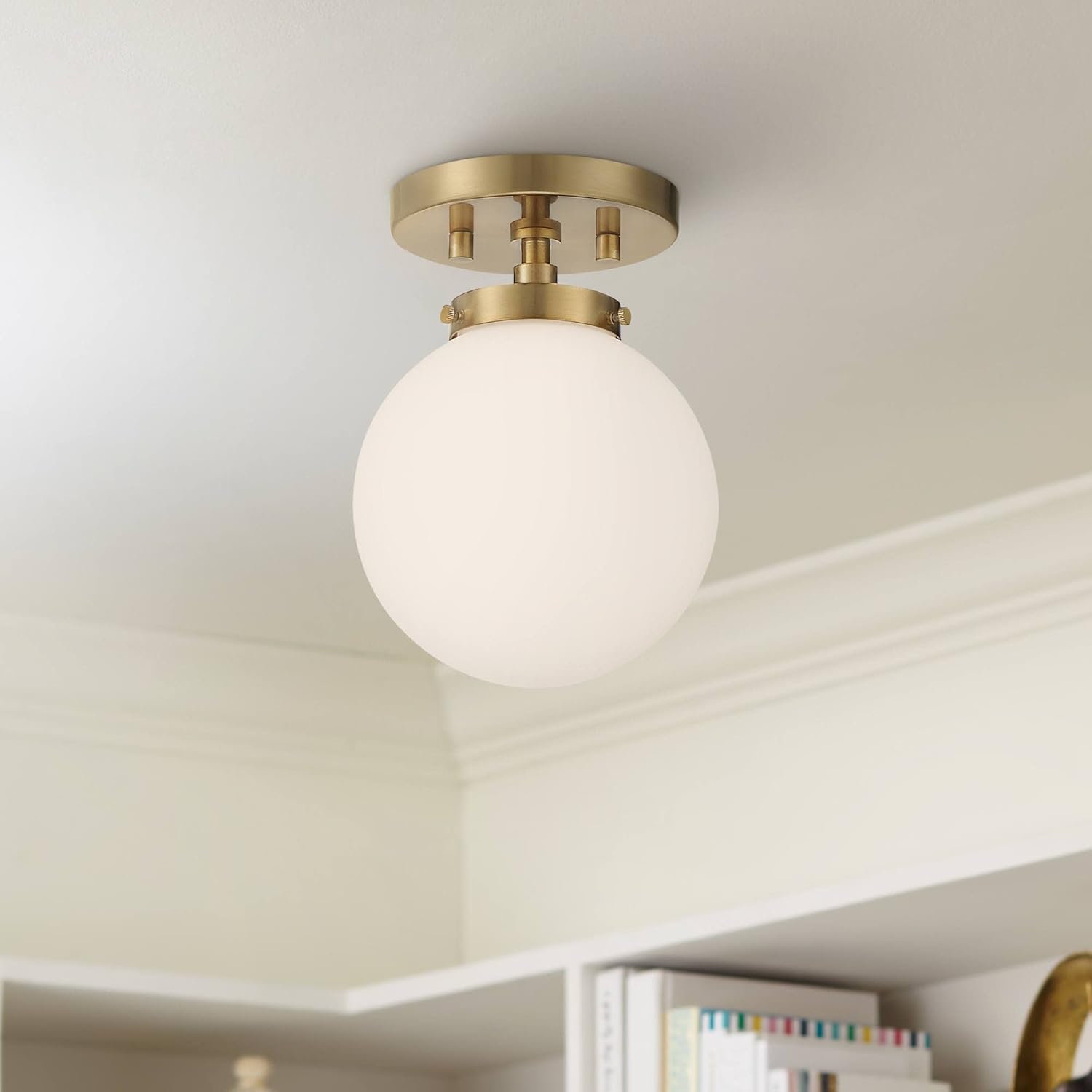Possini Euro Design Jilly Modern Ceiling Light Semi Flush-Mount Fixture 6 3/4" Wide Warm Antique Brass White Glass Globe Shade for Bedroom Kitchen Living Room Hallway Dining Bathroom Schoolhouse