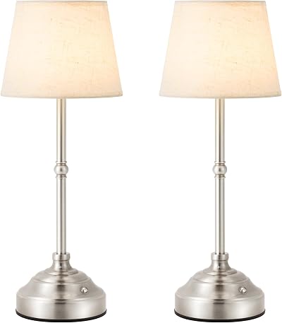 2 Pack Cordless Table Lamp, Rechargeable Desk Lamp with Fabric Shade, Battery Operated Lamp 3 Color Stepless Dimming, Portable Touch Bedside Lamp Home Decor for Dining, Counter (Brushed Silver)