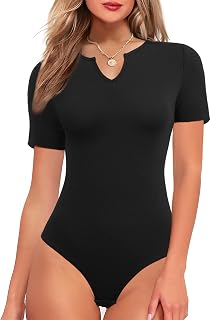 Women Bodysuit Tops Slim Fit Shapewear Short Sleeves Dance Yoga T Shirt Casual Basic Leotard V Neck Plunge Jumpsuits