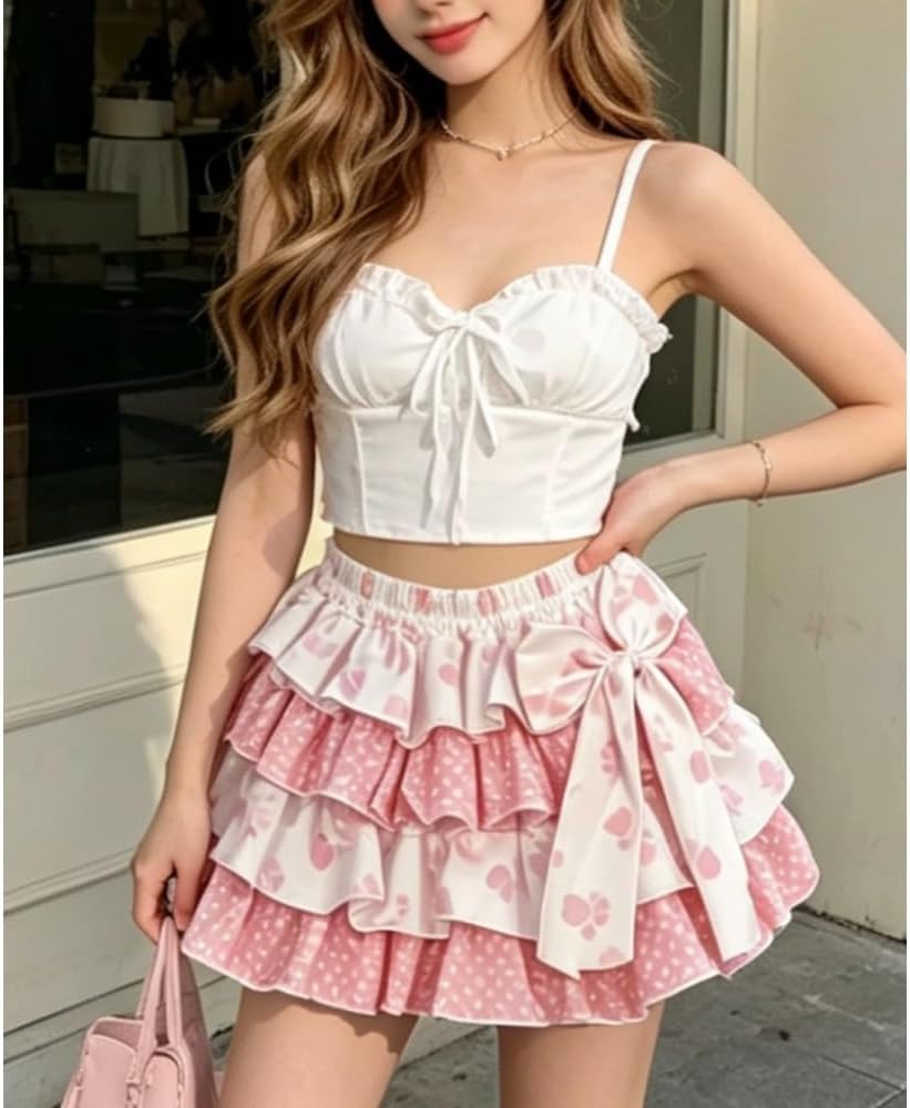 Women's Lolita Mini Skirt Sweet Y2K Floral Print with Ruffles & Bow Chiffon Pink Cake Skirt