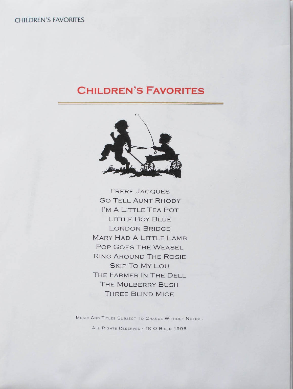 Children's Favorites Music Pack for TK O'Briens Lap Harp