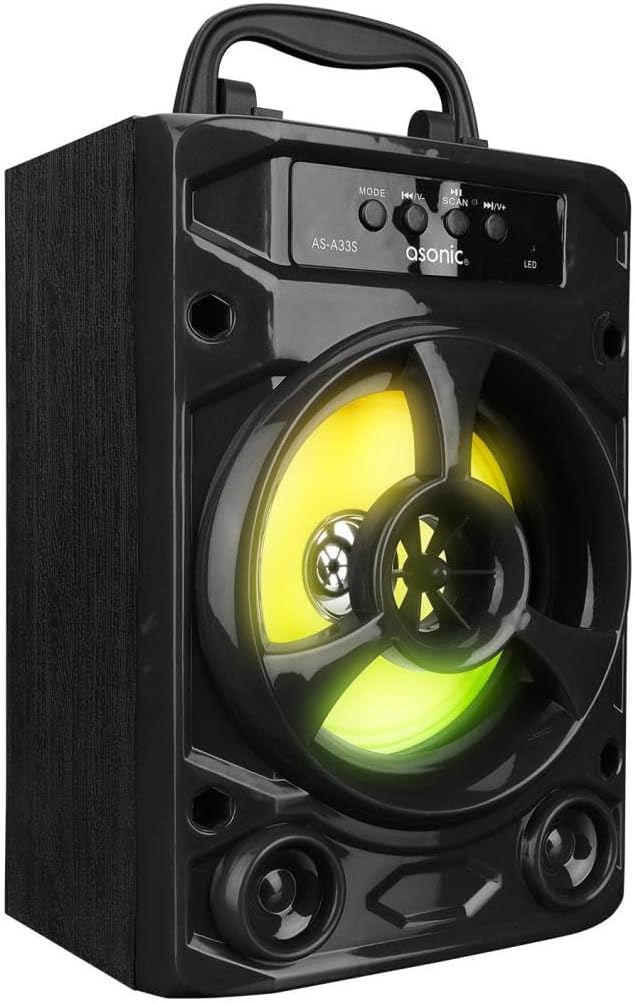 Asonic AS-A33S portable speaker with illuminated main speaker and control panel.