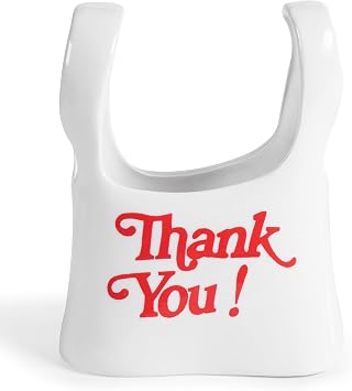 Handmade Ceramic Bag Flower Vase with Red Thank You Print | Glossy White Purse Vase for Modern Home Decor, Mantel, Kitchen, Living Room, Table Centerpiece