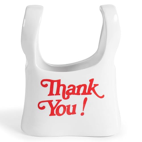 Handmade Ceramic Bag Flower Vase with Red “Thank You” Print | Glossy White Purse Vase for Modern Home Decor, Mantel, Kitchen, Living Room, Table Centerpiece