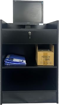 Black Cash Register Stand,Cash Register Counter Podium Stand with Lockable Drawer for Nail Salon,Retail,Conference Reception,Shopping Mall
