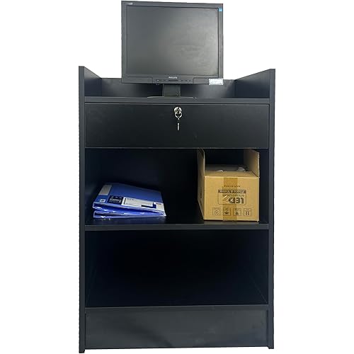 Black Cash Register Stand,Cash Register Counter Podium Stand with Lockable Drawer for Nail Salon,Retail,Conference Reception,Shopping Mall