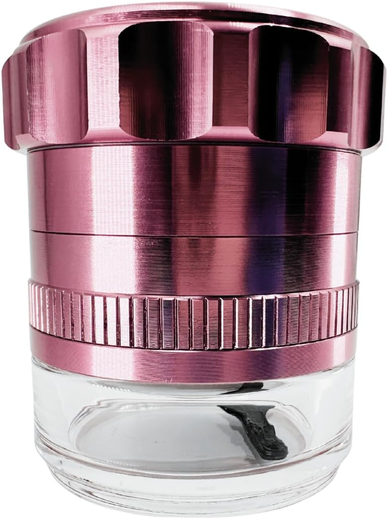 Spice Grinder. 2.5 inch herb grinder with jar attached. Jar offers a larger storage capacity. Anodized Aluminum alloy with glass bottom. (Rose, 2.5 Inches x 3 Inches)