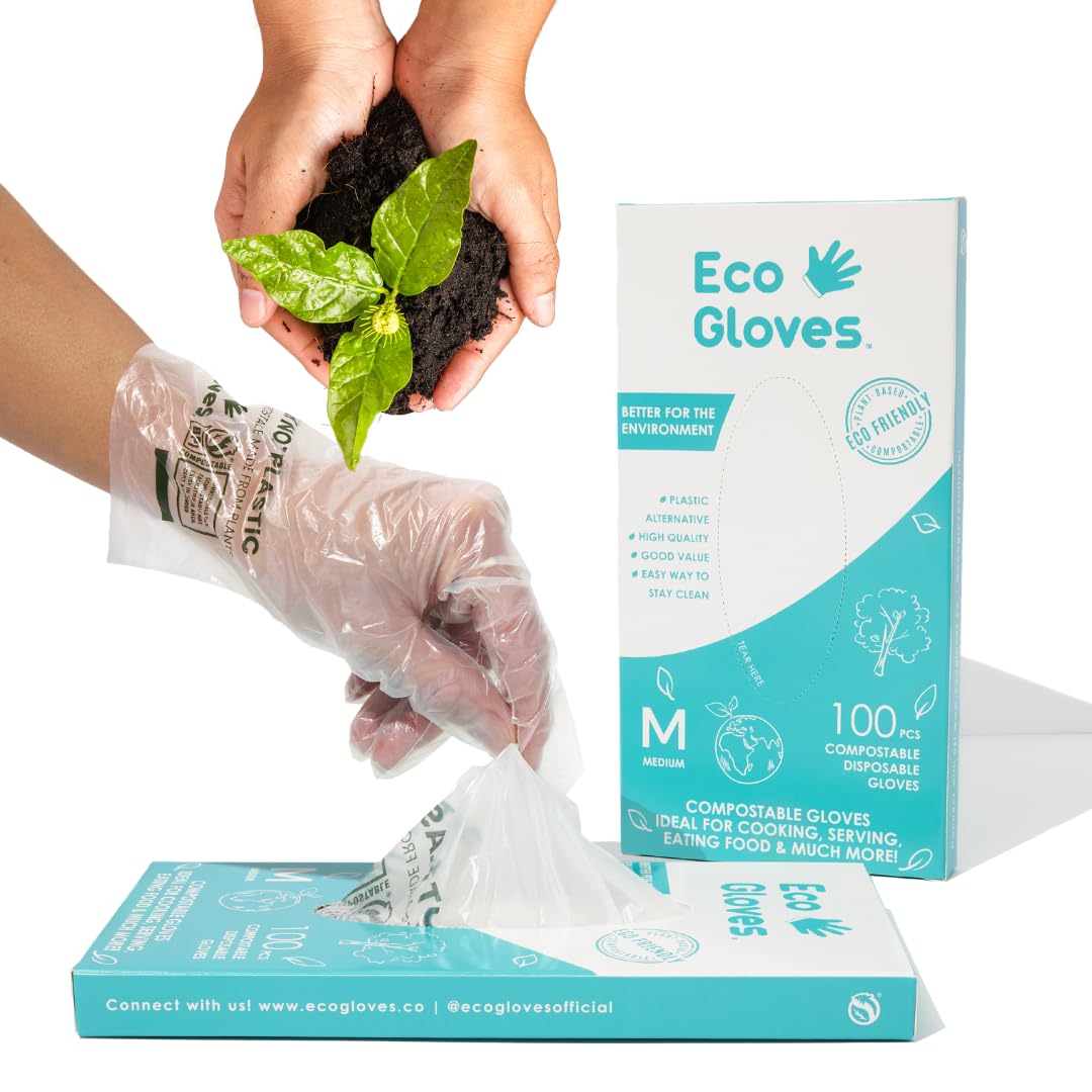 Eco Gloves Guanti compostabili a base vegetale, ecologici, senza lattice, senza polvere, senza BPA, per alimenti, sicurezza, pulizia, cura degli animali domestici, confezione da 100, trasparenti (L)