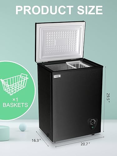 Miniatura 2 de WANAI - Congelador de pecho pequeño y profundo, 3.5 pies cúbicos, mini congelador de puerta superior de pie negro, 7 termostatos ajustables y cesta