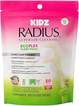 RADIUS Bubblegum EcoFlex Compostable Floss Picks Kids for Oral Care Boost Non Toxic Tooth & Gum Protection 50 Single Use Dual Action Flossers per Pack