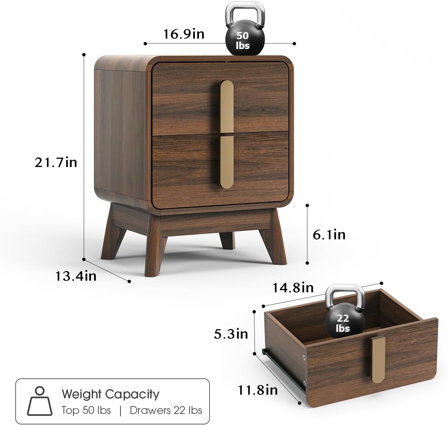 Nightstands Set of 2,Mid Century Modern Side Table with 2 Drawers & Solid Wood Legs,Curved Corner Bedside Table for Small Space,Bedroom,Walnut