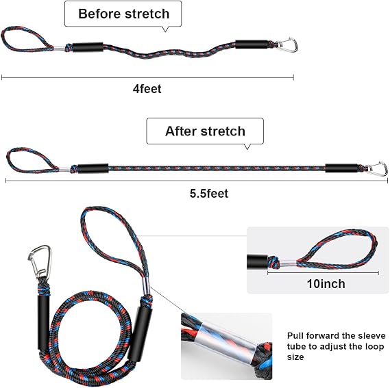 Boat Bungee Dock Lines with Clips - Shock-Absorbing Jet Ski Dock Line, PWC Accessories, Boat Mooring Line/Tie Downs for Bass Boat, Fishing Pontoon, Dinghy - 4Feet