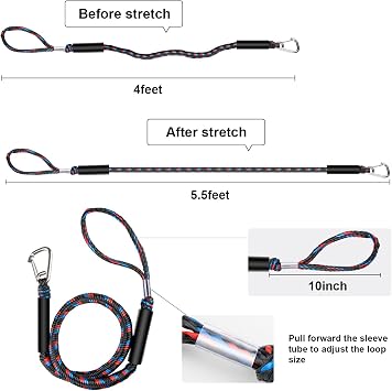 Boat Bungee Dock Lines with Clips - Shock-Absorbing Jet Ski Dock Line, PWC Accessories, Boat Mooring Line/Tie Downs for Bass Boat, Fishing Pontoon, Dinghy - 4Feet