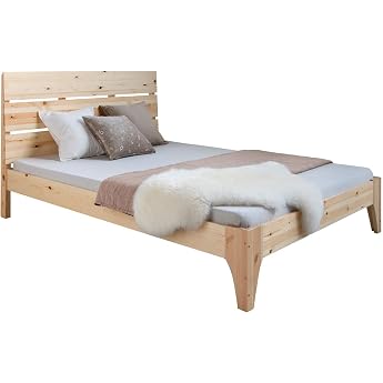 Homestyle4u 1848 Wooden Bed 140 x 200 cm with Slatted Frame Double Bed Solid Wood Bed Pine Natural Bed Frame with Headboard