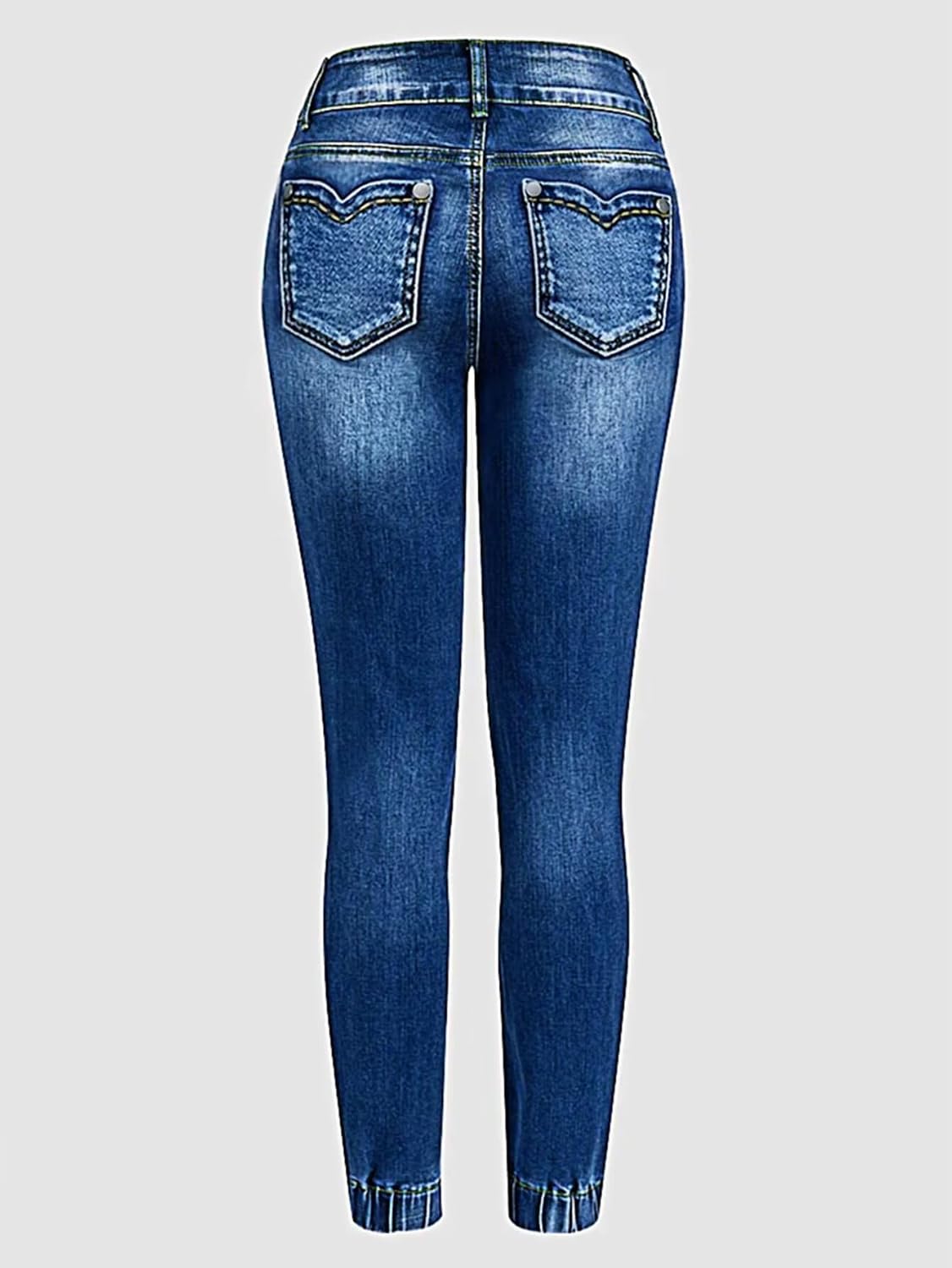 Flamingals Women's Mid Waist Skinny Butt Lifting Jeans Dual Button Stitch Detail Jogger Denim Jeans