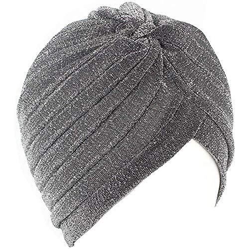 Canjoyn Unisex Glitter Twist Pleated Hair Wrap Stretch Turban Hat Chemo Beanie Cap Headwear Silver #TOP16