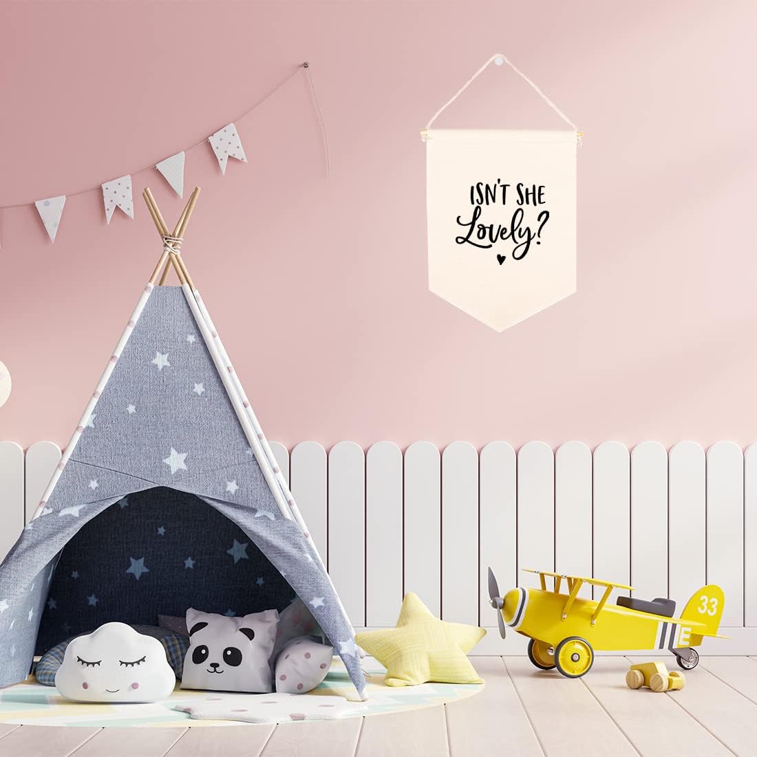 Andaz Press Hanging Wall Canvas Banner - Isn't She Lovely Tapestry for Baby Girl, Girls, Kids Nursery Decoration - Pennant Flag Wall Art Decor, 1-Pack