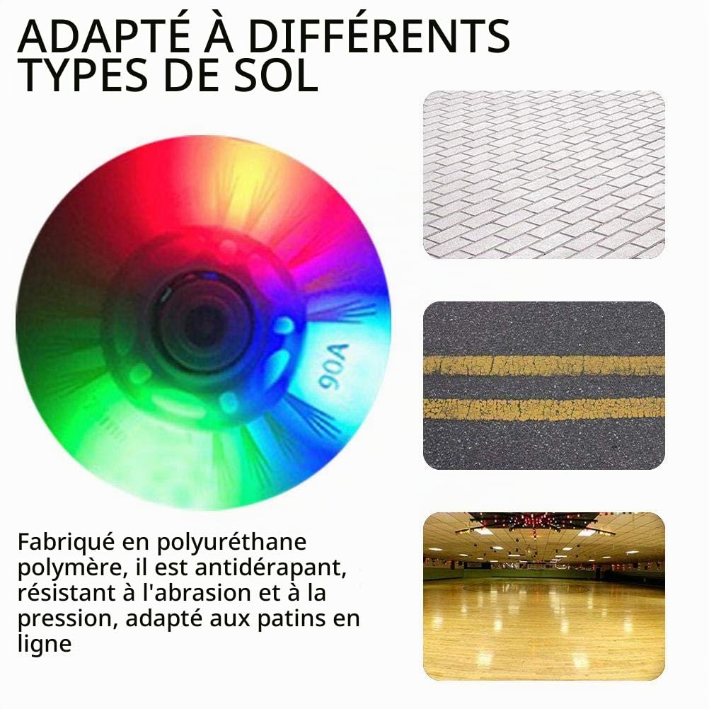 Lot de 8 roues de rollers à roulettes lumineuses avec flash LED 70 mm pour enfants et adolescents