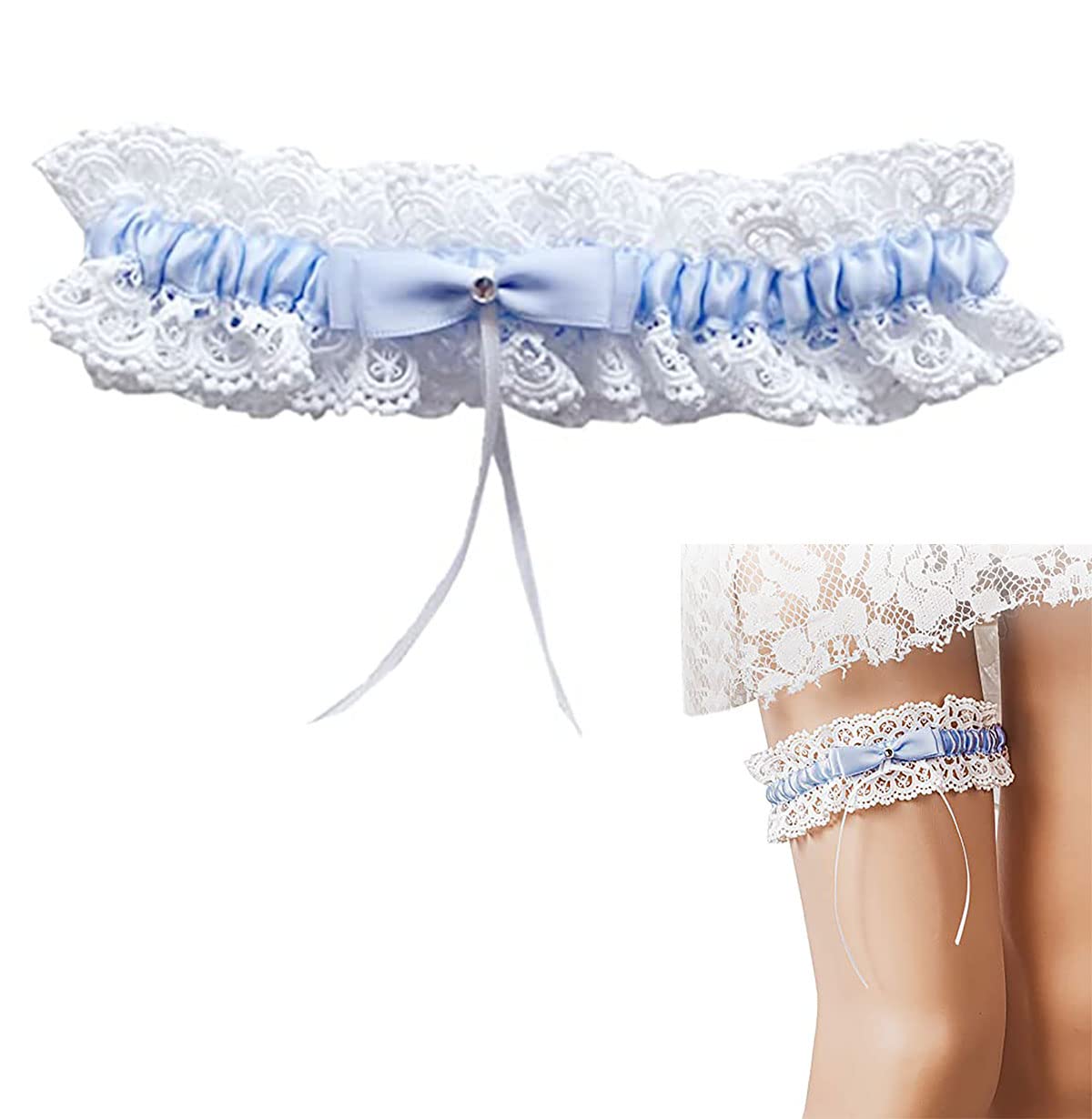 RoontinGarter Belts Bridal Wedding Garter, Blue Lace Stretch Lace Bow Tie Leg Ring Cute Lace Leg Band Elastic Leg Ring with Flower Prom Dance Cosplay Party for Bridal Bridesmaid