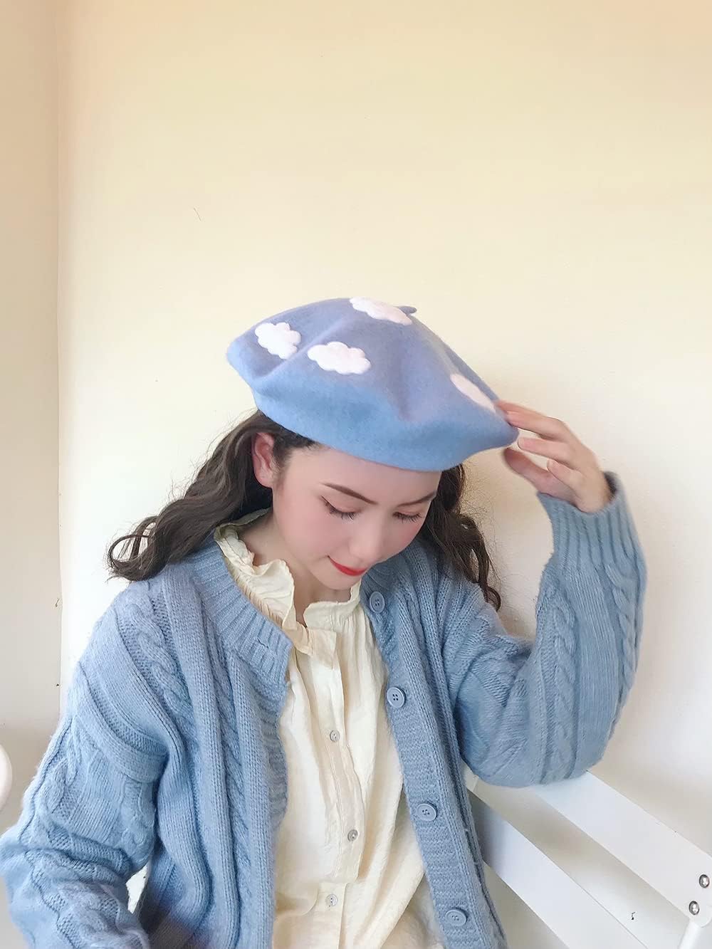 Women Handmade White Cloud Beret Hat Soft Wool Cap Winter Warm Beret Cap