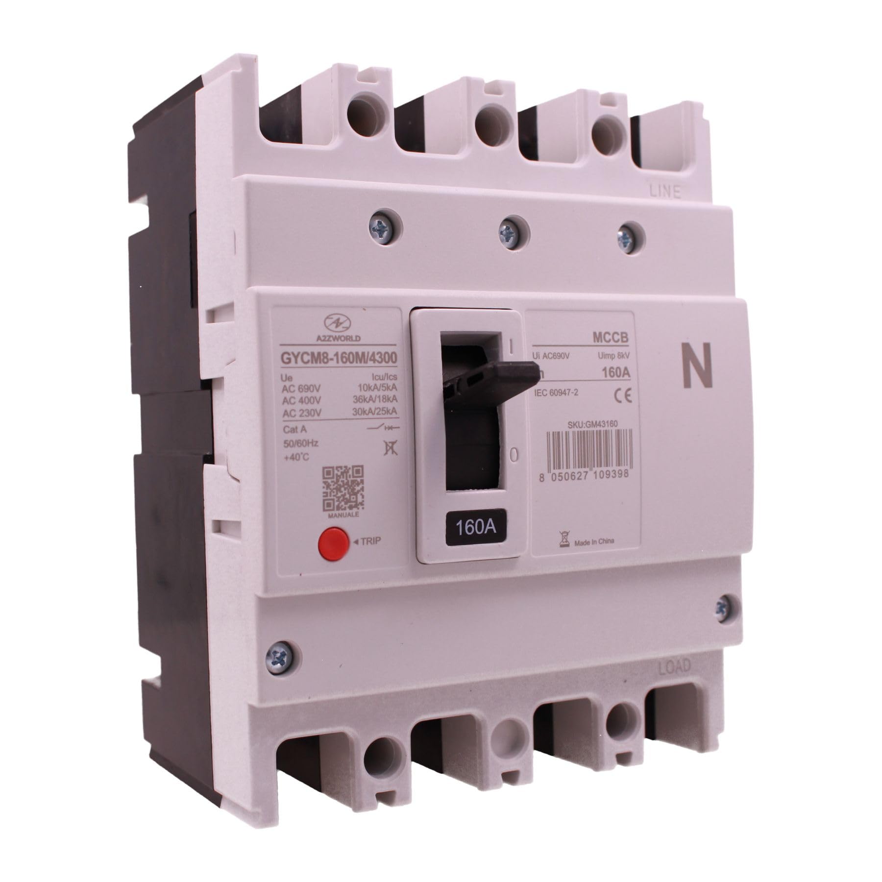 Interruttore Scatolato MCCB 160A 4 Poli 3P+N, Magnetotermico Industriale Trifase, Icu/Ics 36kA/18kA, Ui AC690V, Uimp 8kV, Cat. A, IEC 60947-2, Pulsante TRIP, per Quadri Elettrici, Serie GYCM8