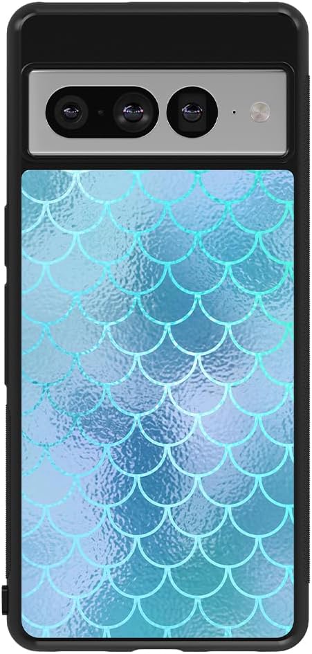 Blue Aqua Mermaid Scales Skin Black Rubber Phone Case Compatible With Google Pixel 10, 10 Pro, 10 Pro XL, 9a, 9 Pro, Pixel 9, Pixel 9 Pro XL, 8a, 8 Pro, 8, 7, 6, 6a, 6 Pro, 5, 4