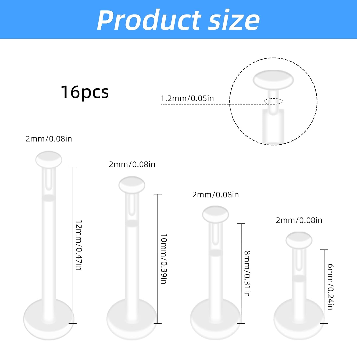 16PCS Clear 6-12mm Lip Piercing Retainer, Clear Nose Studs/Earrings for Sports, Acrylic Lip Piercing Jewelry, Earring Piercing Retainer, Cartilage Earrings Stud for both Women and Men