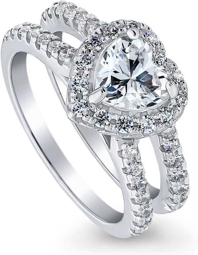 BERRICLE Sterling Silver CZ Heart Halo Wedding Engagement Promise Rings for Her, Cubic Zirconia Insert Ring Set for Women