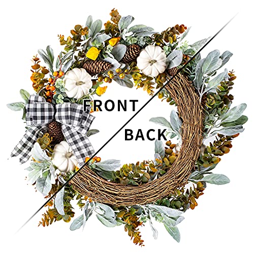 Wanna-Cul 24 Inch Farmhouse Fall Wreath Decor For Front Door With White Pumpkin,Cotton,Lamb's Ear And Eucalyptus Leaves,Harvest Door Wreath For Fall And Thanksgiving Decorations #TOP5
