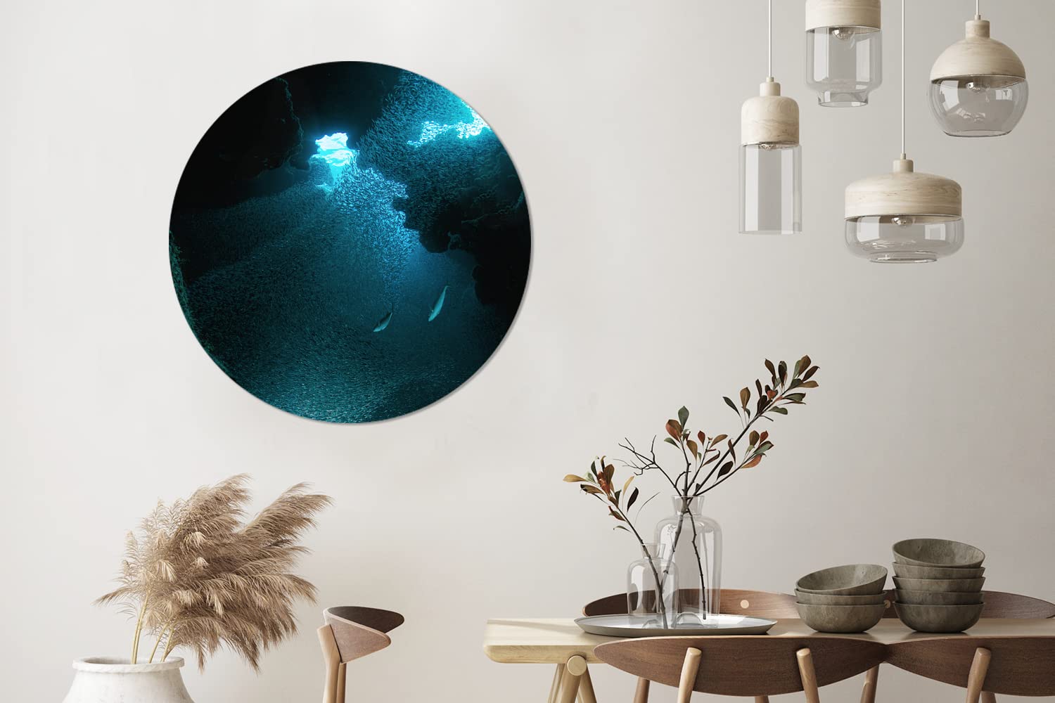 MuchoWow Wandbild Rund Wanddeko Deko Wohnzimmer Bilder 90x90 cm Fische schwimmen in einer Höhle mit stechendem Sonnenlicht auf Grand Cayman
