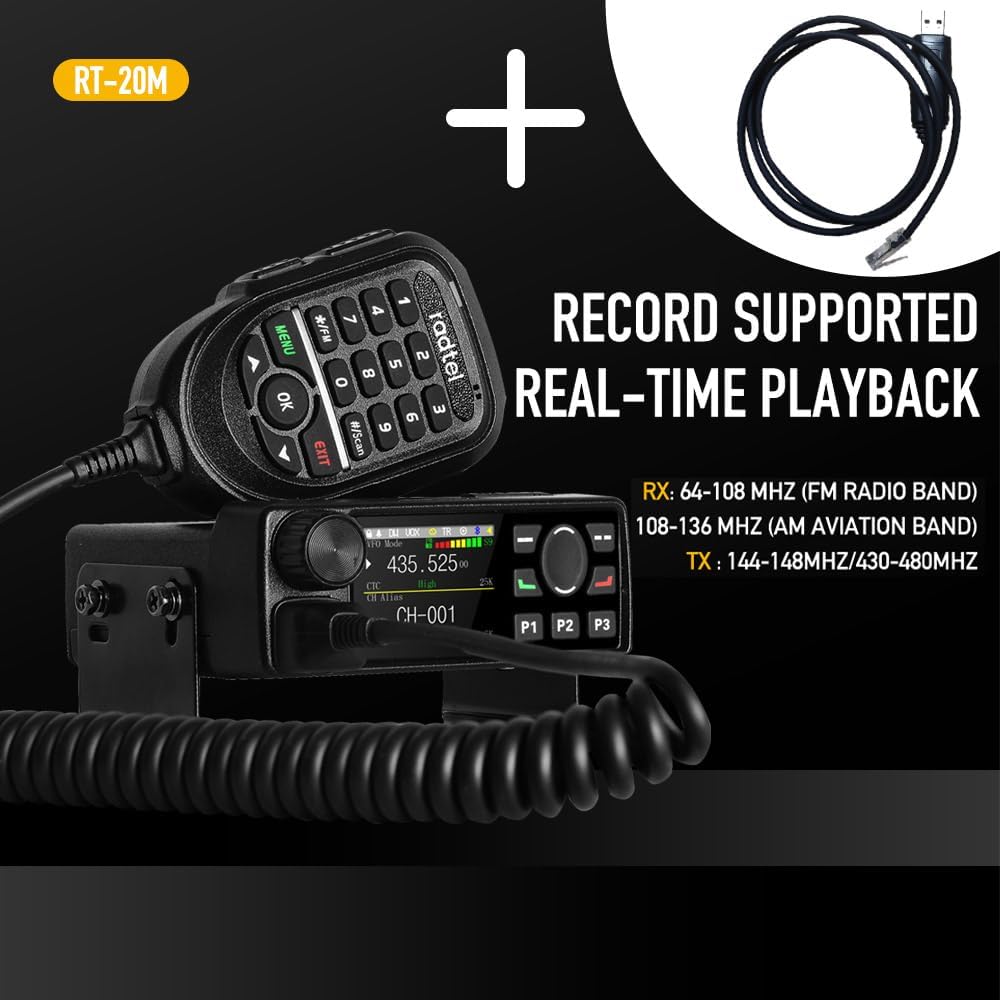 Radtel RT-20M Mobile Radio with microphone and programming cable, highlighting record and playback features