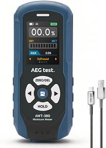 AWT-380 Rechargeable Pinless Moisture Meter for Wood, Drywall & Masonry, Wood Moisture Meter with Color Display, Adjustable Alarm, Data Records, Non-Destructive Water Leak Detector for Home
