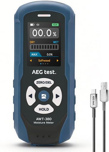 AWT-380 Rechargeable Pinless Moisture Meter for Wood, Drywall & Masonry, Wood Moisture Meter with Color Display, Adjustable Alarm, Data Records, Non-Destructive Water Leak Detector for Home