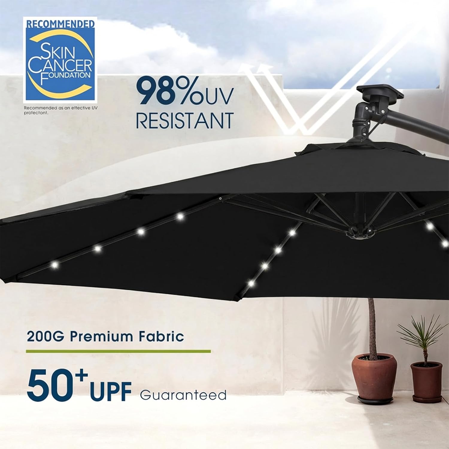 wikiwiki 10ft Solar LED Offset Patio Umbrella, Outdoor Cantilever Patio Umbrellas with Solor Lights for Backyard, Poolside and Garden, Easy Tilt Adjustment, 32 LED Lights & Polyester Shade, Black