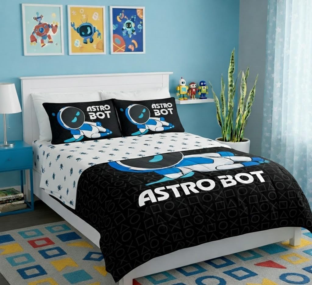 Northwest Sony PlayStation Astro Bot Full Bedding Bundle – 78 x 86 Inches Reversible Comforter, Flat Sheet, Fitted Sheet, 2 Pillowcases – Bed in a Bag Set, Relax Bot | Reversible