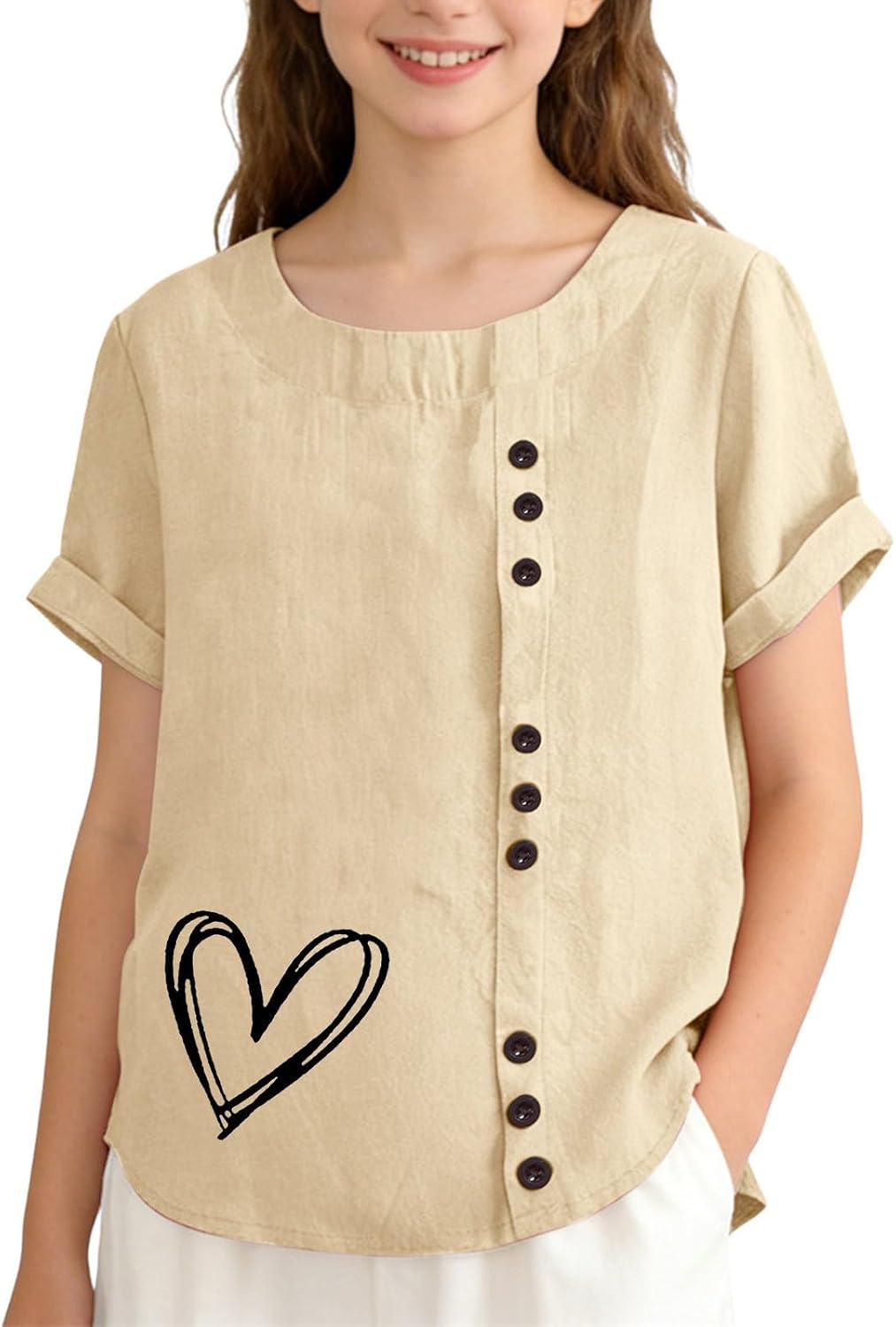 Linen Tops for Girls Teens Summer Button Short Sleeve Crewneck Beach Shirt Dressy Casual Cartoon Print Blouses 4-14Y