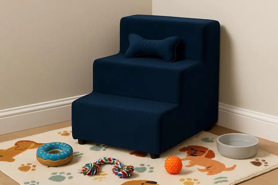 Escadinha Rampa para Pet 3 Degraus Gato e Cachorro Ideal para Sofá e Cama Espumada Resistente Luxo (com Osso incluso) (Azul Marinho)