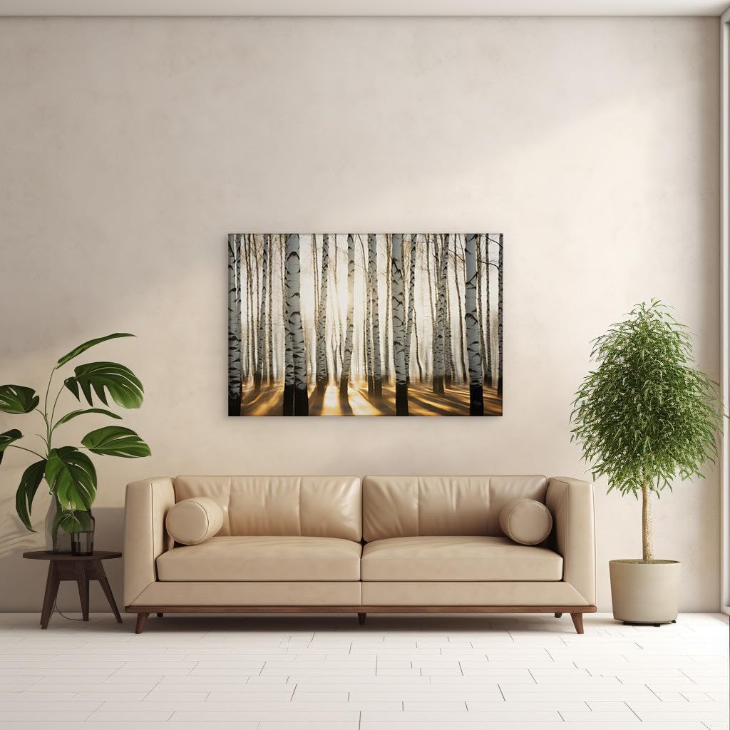 Canvas for Living room. Whispering Birches in Ethereal Glow - A Dreamlike Forest at Sunrise, 27 x 18 inch Canvas Wall Art - Contemporary Masterpieces - Modern Home Decor - 69x46 cm (27x18 inch)